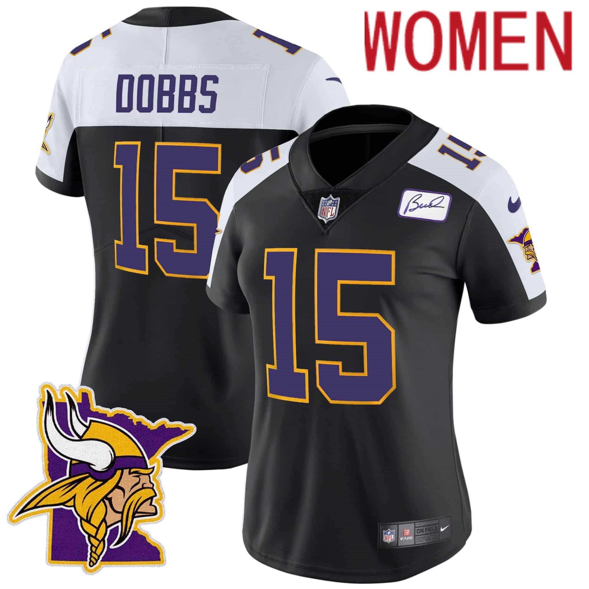 Women Minnesota Vikings #15 Dobbs Black 2024 Nike Prince Vapor Limited NFL Jersey style 1